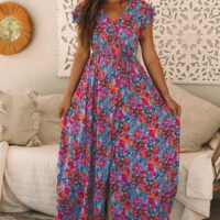 Blue Floral Print V Neck Wrap Split Maxi Dress