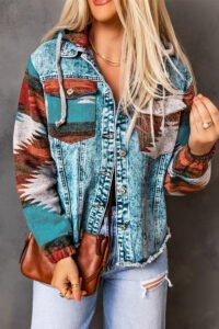 Multicolor Aztec Print Frayed Hem Denim Jacket - Image 6