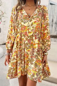 Yellow Cream Floral Print V Neck Puff Sleeve Mini Dress - Image 4