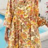 Yellow Cream Floral Print V Neck Puff Sleeve Mini Dress