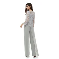 Silver Mother Of The Bride Dresses Sheath Chiffon Lace Pants Suits - Image 2