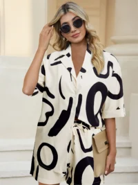Vacation Graphic Print Two-piece Set Button Front Lapel - Image 5