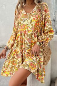 Yellow Cream Floral Print V Neck Puff Sleeve Mini Dress - Image 3