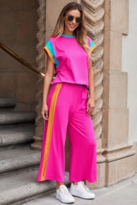 Strawberry Pink Color Block Detail Casual Two-piece Set - Image 6