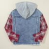 Beau Blue Plaid Print Patchwork Hooded Raw Hem Denim Jacket - Image 7