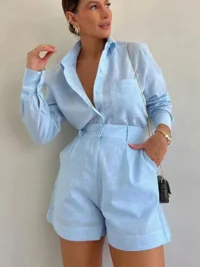 Women Long Sleeve 2 Pieces Sets Casual Simple Button Pockets Short Pant with Shirts Tops 2025 Summer Fashion - Image 6