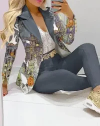 Plaid Print Lapel Collar Blazer & Pants Set Women 2pcs - Image 9