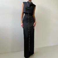 Elegant Crop Top Skirt Set Women Turtleneck Sleeveless Vest High Waist - Image 7